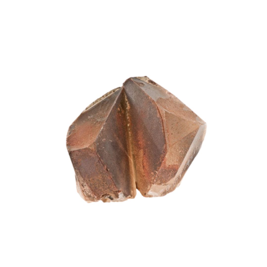 Calcite, a brown and red mineral on a white background.