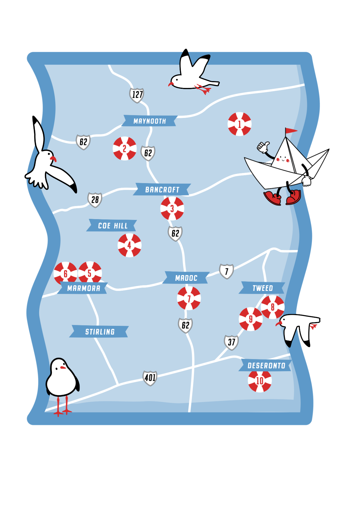 Stylized map of boat launch locations. Not an accurate representation