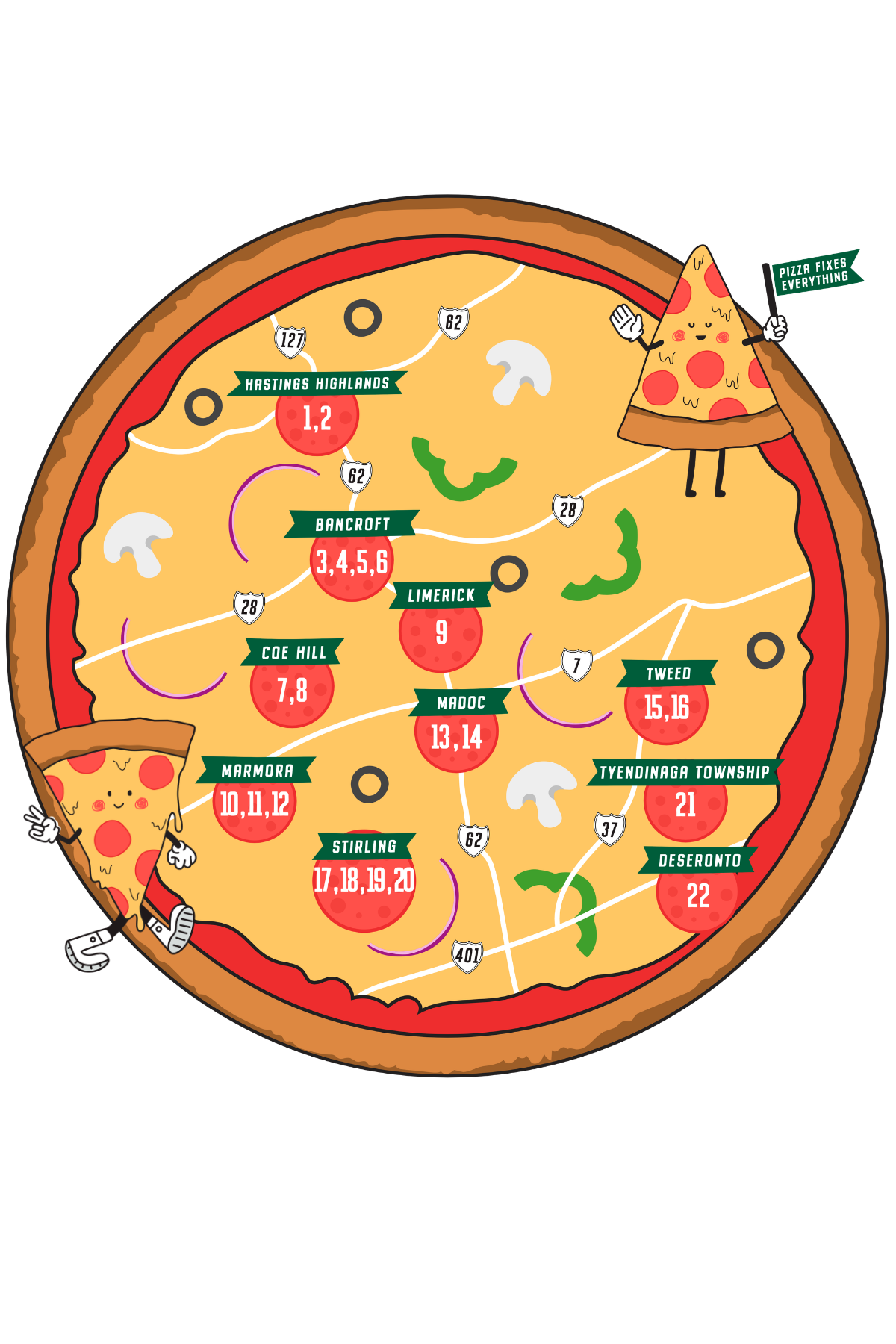 Stylized map of pizza locations. Not an accurate representation