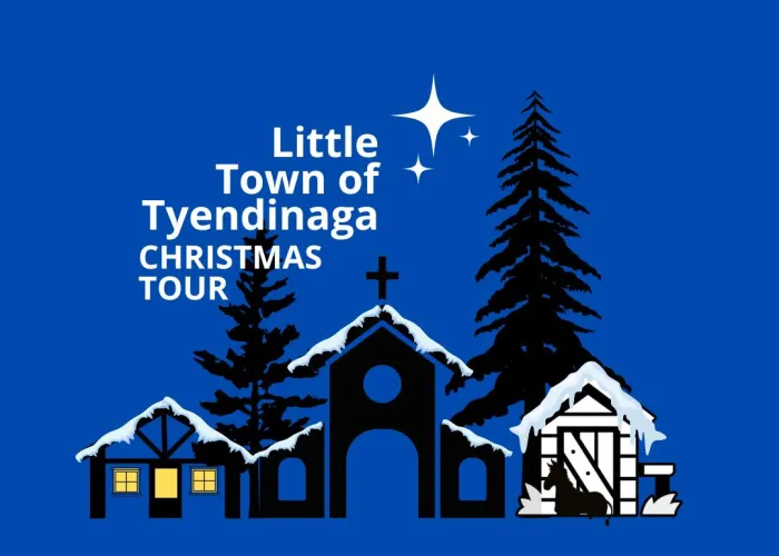 Little Town of Tyendinaga Christmas Tour, a blue background with building silhouettes. 