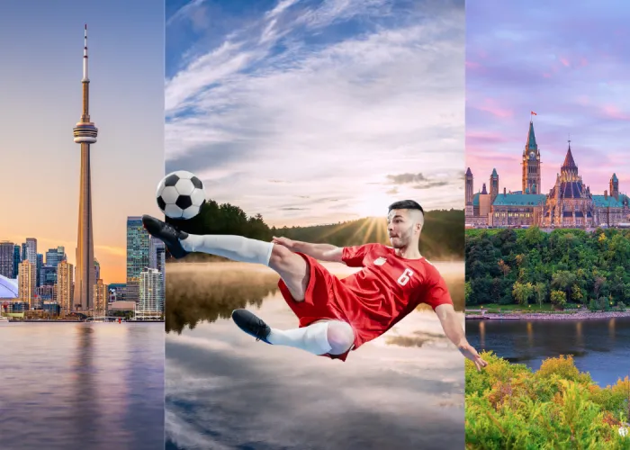 World Cup Banner - A picture of the Toronto skyline on the left, Hastings County lake with trees in the middle and Ottawa skyline on the right. A soccer/football player is kicking a ball in the middle.