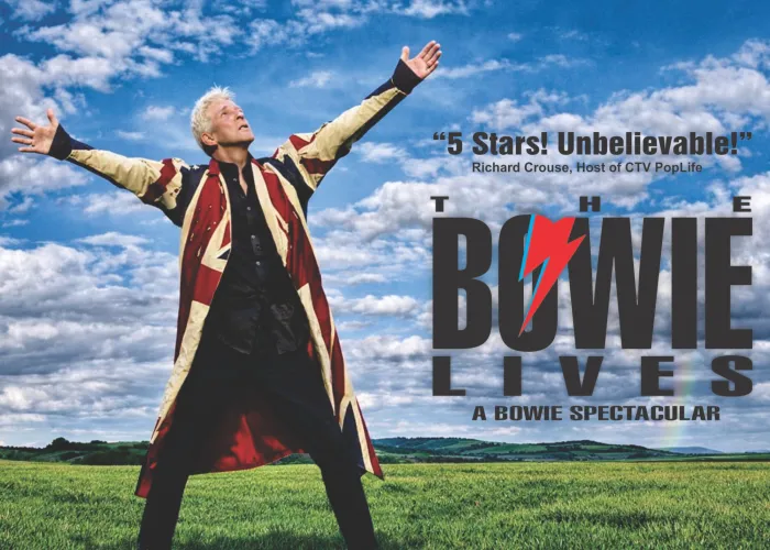 Bowie performer in long jacket with arms raised standing on grass in a field with blue sky above