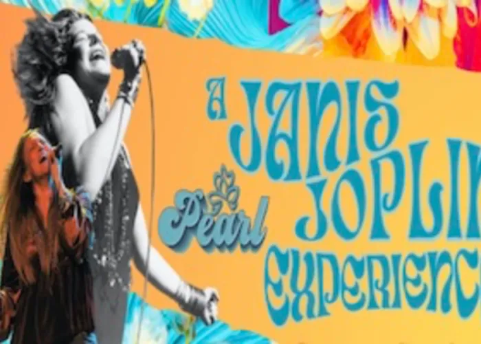 Singer performs in front of image of Janise Joplin