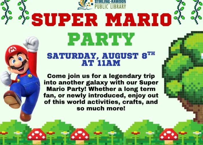 Mario jumping, cartoon greenery, tree, vines, mushrooms, event details