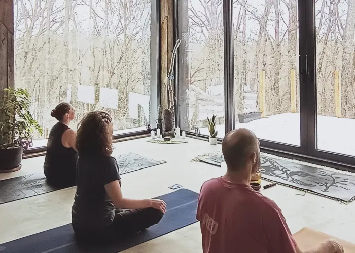 people sitting on a mat doing yoga