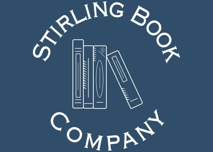 Navy blue background, stirling book company logo in white, three books