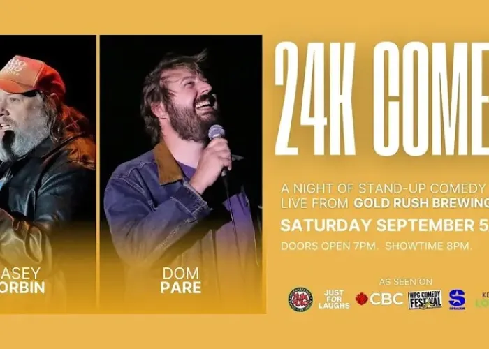 Photos of Casey Corbin and Dom Pare holding mics, event details, logos of platforms where they have performed previously