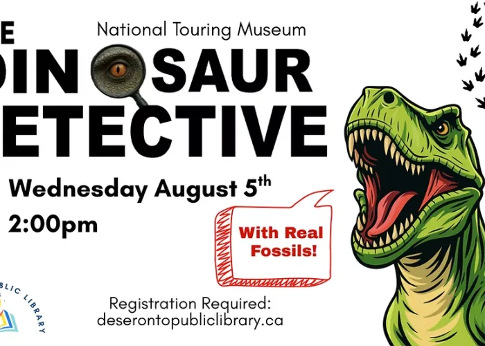 white background, event details, magnifying glass, green dinosaur with speech bubble, dinosaur tracks in corner