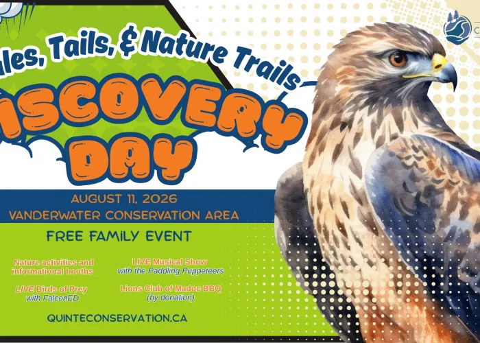 Image of large bird with brown, black and cream feathers, green and blue background colouring, event details. 
