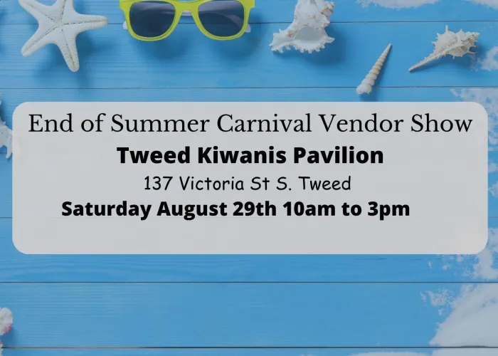 Seashells, star fish, and a pair of sunglasses along left side and top, blue background, sand on left, event details