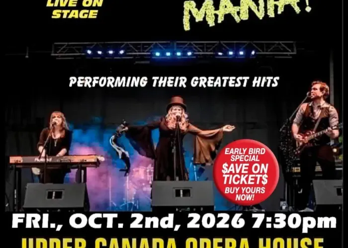 Three band members performing on stage dressed like members of Fleetwood Mac, event and venue details