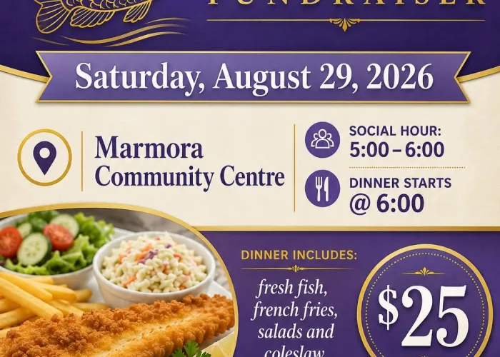 Photo of plated fish supper, battered fish, coleslaw, fries, salad, purple background, fold fish outline, event details