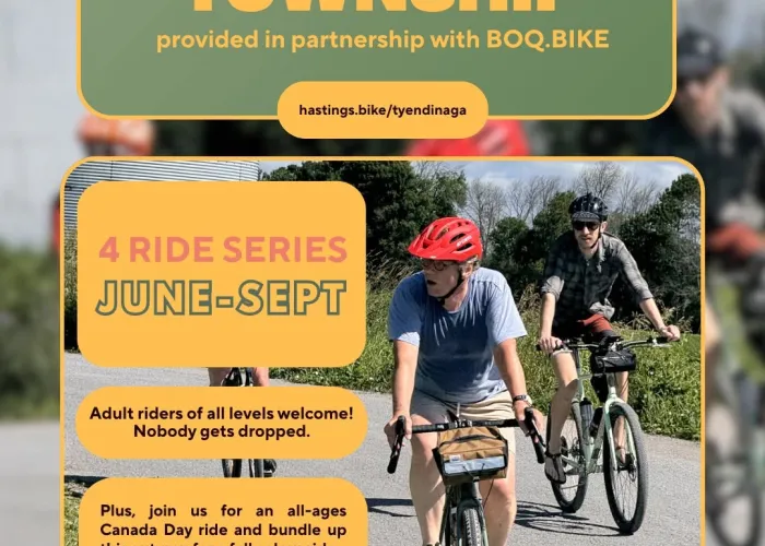 Three cyclists on paved road, event name and details