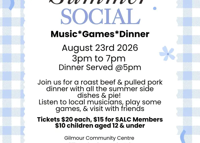 Blue gingham pattern border, event details in centre