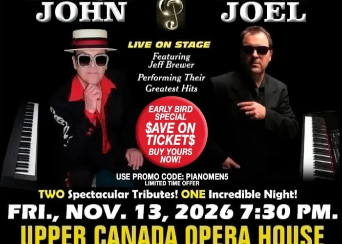 one image of man dressed as elton john beside a piano, another image of a man dressed as billy joel beside a piano, piano keys across top, event and venue details