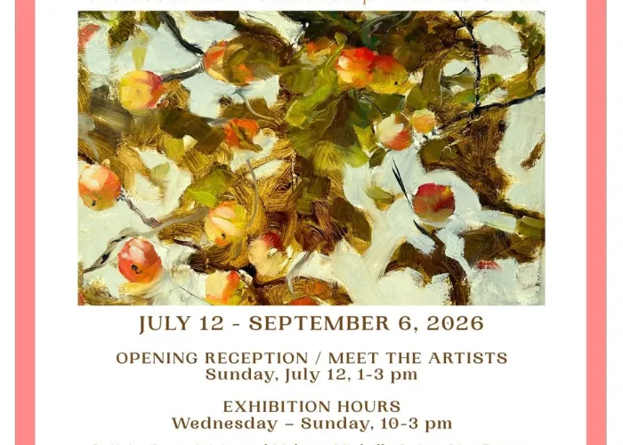 White background, peach colour border, abstract art with earthy colours, exhibition and artist details