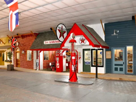 An old gas station on display in Farmtown Park in Stirling